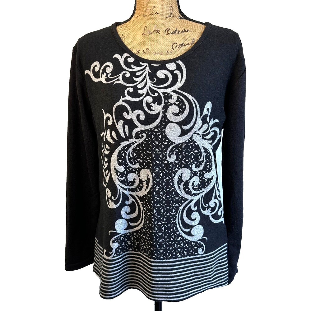 Lin Collection Black Gray Baroque Print Long Sleeve Cotton Top Sweater Sz M/L